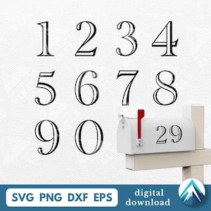 Peut inclure: Chiffres noirs de 0 à 9 avec un contour, en police serif. Une boîte aux lettres blanche avec le numéro 29 est à droite. Le bas de l'image contient le texte "SVG PNG DXF EPS" et "téléchargement numérique".