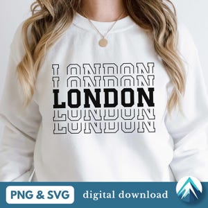 Puede incluir: Sudadera blanca con un diseño gráfico negro que dice "LONDON" en un patrón apilado y repetido. El diseño es de estilo retro con letras en negrita y de bloque.