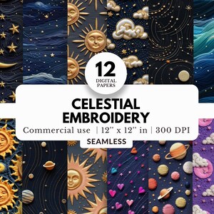 12 Celestial Embroidery digitaal papier, naadloze patronen, 12 x 12, JPG-download, gouddraad, met maansikkel, wolken, planeten, sterren