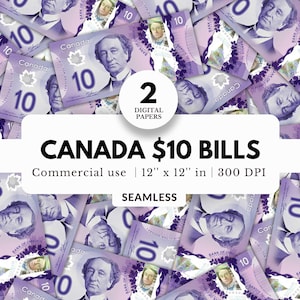 Banconote da 10 dollari canadesi, carte digitali, modelli senza soluzione di continuità, download JPG, denaro contante, mucchio di soldi, per carta da regalo, sublimazione, stampe