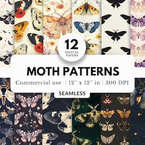 12 jolis motifs de papillons de nuit, papiers numériques, 12 x 12, impressions transparentes, téléchargement JPG, art céleste et gothique, arrière-plans clairs et sombres