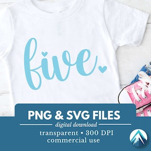 Numéro cinq anniversaire, téléchargement numérique, fichiers PNG SVG, fond Transparent, petits coeurs, police de caractères cursive, bébé garçon bleu, Clipart J'ai cinq ans