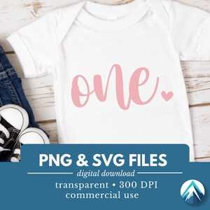 誕生日の数字、デジタルダウンロード、PNG および SVG ファイル、かわいい小さなハート、ライトピンクの筆記体、1 歳の誕生日、1 歳、