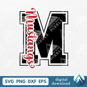 Mustangs Varsity Monogram Digital Download, Svg Png Dxf Eps, Transparent Clipart Layers, Vertical Cursive Script, College Letter Artwork