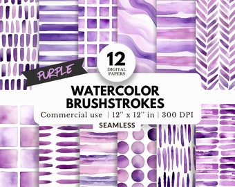 12 Purple Watercolor Brushstrokes Digital Papers Bundle, Seamless Patterns, 12x12, JPG Download, Printable Scrapbook, Wallpaper, Decoupage