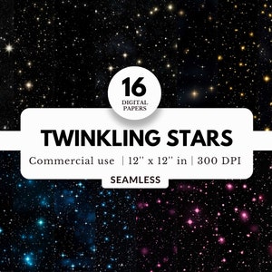 16 papéis digitais Twinkling Stars, padrões sem costura, 12x12, céu noturno preto com pequenas estrelas, fundos estrelados, caprichoso, efeito sutil