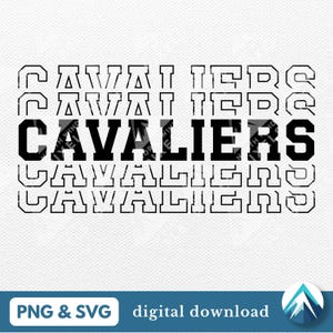 Puede incluir: Diseño gráfico en blanco y negro de la palabra "CAVALIERS" repetida cinco veces. La palabra está en una fuente en negrita, de bloque con un contorno blanco. El diseño es adecuado para su uso como descarga digital para proyectos de manualidades.