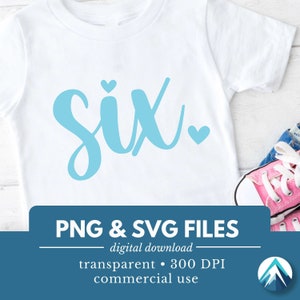 Nummer zes, digitale download, PNG- en SVG-bestanden, transparant, klein hartje, cursief, babyblauw, gelukkige verjaardag, I'm Six-clipart