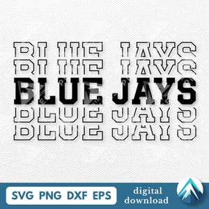 Download digitale dei Blue Jays, SVG PNG DXF EPS, sfondo trasparente, font College Varsity con dissolvenza, Echo, squadra sportiva scolastica, mascotte