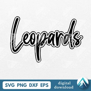 May include: A black digital graphic design featuring the word Leopards written in a stylized, cursive script font with a white outline. The text is centered against a light, textured background, with file format labels visible at the bottom.