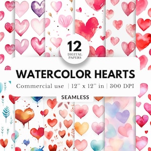 12 papéis digitais de corações em aquarela, padrões sem costura, 12x12, corações rosa e vermelhos, cores pastel suaves, cartões ilustrados de dia dos namorados