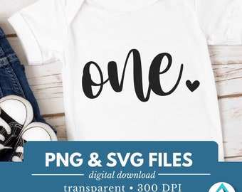 Número de cumpleaños número uno, descarga digital, archivos PNG y SVG, corazón pequeño, fuente cursiva, primer cumpleaños, 1 año, para camisetas y bodies