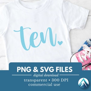 Verjaardagsnummer tien, digitale download, PNG- en SVG-bestand, transparante achtergrond, schattig klein hartje, babyblauw, cursief lettertype, 10e verjaardag