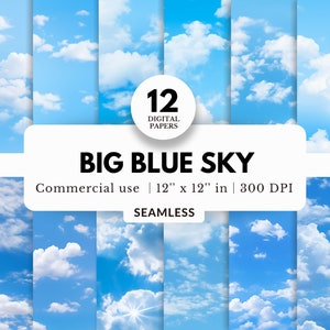 12 枚の大きな青空のデジタル ペーパー、シームレスなパターン、12x12、JPG ダウンロード、リアルな背景、マクロのストック写真、神の光線、広々とした空