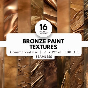 16 papéis digitais com texturas de tinta bronze, padrões sem costura, 12x12, download JPG, tom cobre e latão, cenário luxuoso, folha metálica brilhante