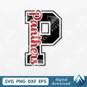Puede incluir: Una letra "P" en blanco y negro con la palabra "Panthers" en escritura roja. El diseño es una descarga digital, con formatos de archivo SVG, PNG, DXF y EPS.