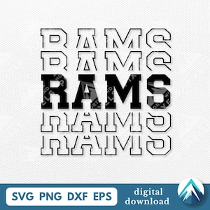 Download digitale Rams, PNG SVG DXF EPS, sfondo trasparente, font College Varsity con dissolvenza, Echo, per la squadra sportiva della scuola, mascotte