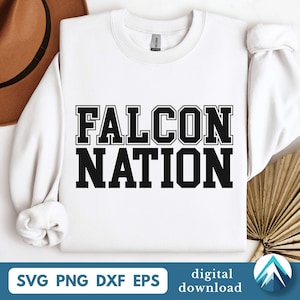 Falken-Nation mit College-Buchstaben digitaler Download, SVG-Png-Dxf-Eps-Dateien, transparent, für Schulsportmannschaft, Maskottchen, Varsity-Pullover