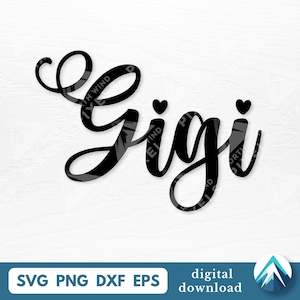 May include: Black cursive text that reads "Gigi" with two small heart symbols above the "i" letters. The image also includes the text "SVG PNG DXF EPS" and "digital download" in a blue rectangle.