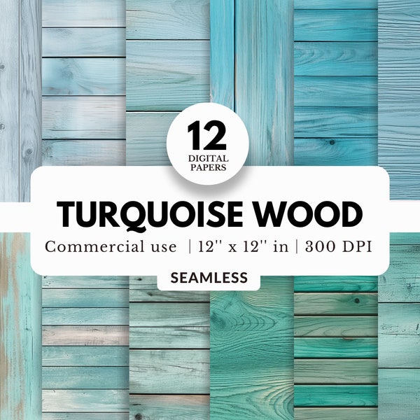 12 Turquoise Wood Grain Digital Papers, Seamless Texture, 12x12, Rustic Western, Vertical and Horizontal Wood Panel, For Sublimation Pattern