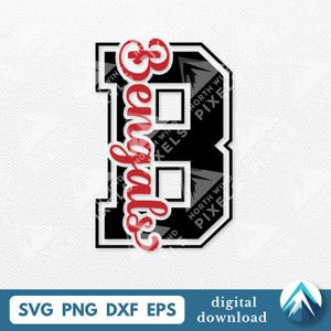 Peut inclure: Graphique noir et blanc de la lettre "B" avec le mot "Bengals" en script rouge. La lettre a un contour blanc et deux découpes carrées. Le bas de l'image comprend le texte "SVG PNG DXF EPS" et "téléchargement numérique".