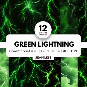 Könnte beinhalten: Ein digitales Papier-Set mit grünen Blitzen auf schwarzem Hintergrund. Der Text "GREEN LIGHTNING" und "12 DIGITAL PAPERS" ist enthalten. Jedes Papier ist 30,48 cm x 30,48 cm groß und nahtlos.