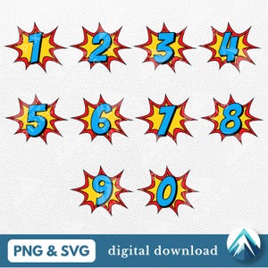 Puede incluir: Diez números coloridos de estilo cómic con fondo amarillo y efecto de estrella roja. Los números son azules y están delineados en negro.