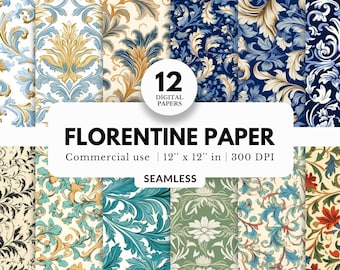 12 Digitale Florentiner Papiere, nahtlos, 12x12, Sofort Download, florale Hintergründe für Scrapbooking, Vorlagen, Sublimation und Collagen