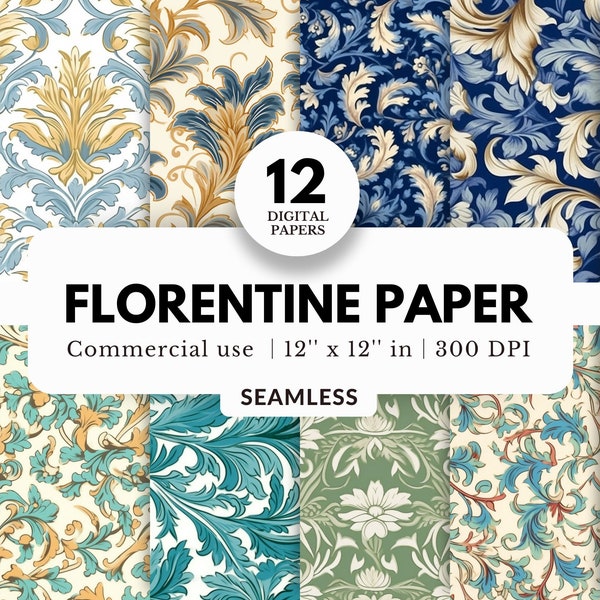 12 Digital Florentine Papers, Seamless, 12x12, Instant Download, Floral Backgrounds for Scrapbooking, Templates, Sublimation and Collages