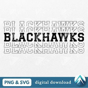 Może przedstawiać: Czarno-biały projekt graficzny z tekstem "BLACKHAWKS" powtórzonym wielokrotnie w układzie stosu. Tekst jest pogrubiony, w blokowym kroju pisma.