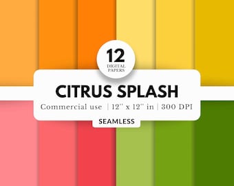 12 Citrus Splash Digital Papers Bundle, Seamless Patterns, 12x12, Solid Color Palette, Lemon Lime Orange Grapefruit, Simple Plain Sheets