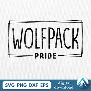 Pode incluir: Design digital em preto e branco com as palavras "WOLFPACK PRIDE" dentro de uma moldura retangular. O design inclui opções de tipo de arquivo: SVG, PNG, DXF e EPS. Gráfico de download digital.