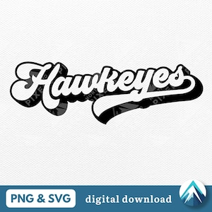 Może przedstawiać: Czarno-biały projekt graficzny słowa "Hawkeyes" w retro, vintage stylu czcionki. Słowo jest zakrzywione i ma cień za sobą.