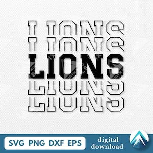 Download digital do Lions, Svg PNG Dxf Eps, Fundo transparente, Fonte College Varsity com fade out, Para equipe esportiva escolar juvenil, Mascote
