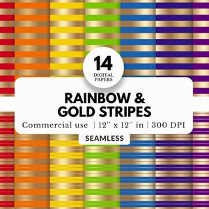 14 digitale Papiere mit Regenbogen und goldenen Streifen, nahtloses Muster, 12x12, JPG Download, helle Volltonfarben, für gestreifte Hintergründe, Sublimation