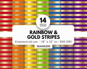 May include: 14 digital papers featuring rainbow and gold stripes. Each paper is 12 inches by 12 inches and 300 DPI. The papers are seamless and for commercial use.