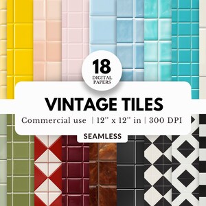 18 papéis digitais com texturas de azulejos vintage, padrão repetido, download em JPG, superfície de azulejos retrô, parede interna, para impressões de casas de bonecas em miniatura