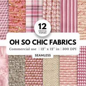 12 Oh so schicke digitale Stoffpapiere, nahtlos, 12x12, rosa und weiß, elfenbeinfarben, realistische Texturen, mit gewebtem Tweed, Pelz und kariertem Tartan