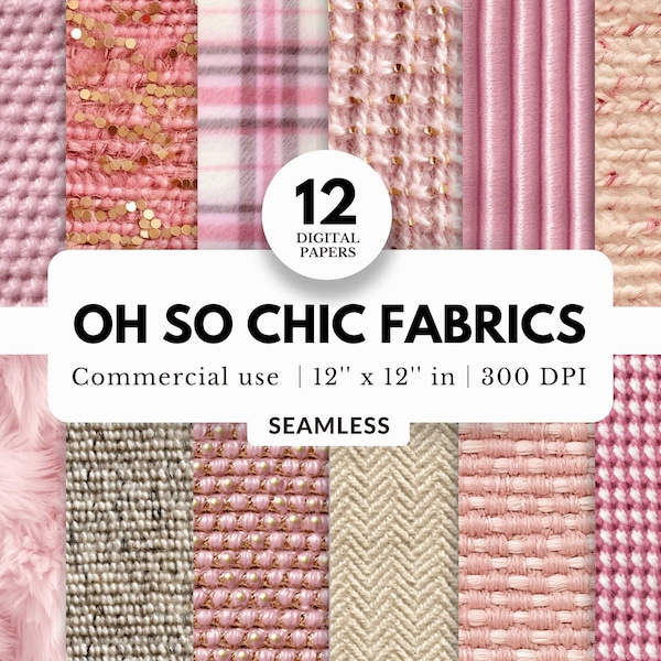 12 Oh So Chic Fabric Digital Papers, Seamless, 12x12, Blush Pink and White Ivory, Realistic Textures, With Woven Tweed, Fur and Plaid Tartan