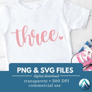 Drei Geburtstagszahl, digitaler Download, PNG- und SVG-Datei, transparent, niedliches kleines Herz, hellrosa kursive Schrift, 3.Geburtstagskind Shirt