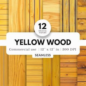 12 papeles digitales de madera amarilla, patrón sin costuras, 12 x 12, tablones de madera verticales y horizontales, textura de veta de madera realista, fondo simple