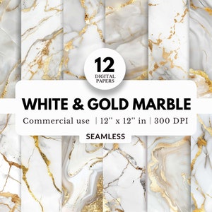 12 papeles digitales de mármol blanco y dorado, patrones enlosables, descarga JPG, 12x12, venas doradas brillantes, arte abstracto, para plantillas y maquetas