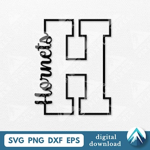 Puede incluir: Contorno negro de la letra "H" con la palabra "Hornets" en fuente cursiva en el lado izquierdo. La imagen es una descarga digital, con tipos de archivo SVG, PNG, DXF y EPS.