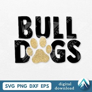 Bulldogs met pootafdruk digitale download, Svg Png Dxf Eps, transparant, grote vette letters, voor school sportteam League, T-shirt, transfers