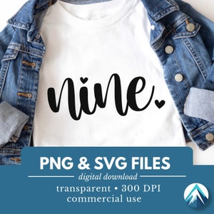 9 の誕生日の数字、デジタル ダウンロード、PNG および SVG ファイル、透明、かわいい小さなハート、筆記体、9 歳の誕生日、9 歳、T シャツ