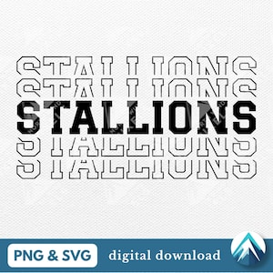 Download digital de Stallions, arquivo PNG e SVG, fundo transparente, fonte universitária empilhada, efeito eco, para equipe esportiva escolar infantil