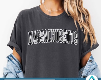 Massachusetts with Outlined and Curved College Letters Digital Download, Svg Png Dxf Eps, Transparent Clipart, Arched Varsity Font, MA State