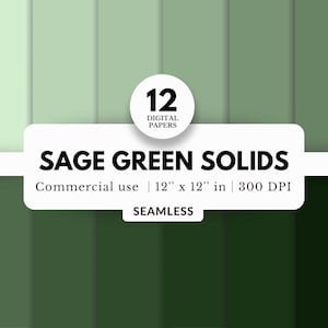Pacote com 12 papéis digitais verde-sálvia, sem costura, 12x12, cor sólida verde, tons de verde claro e escuro, folhas simples básicas, tons de terra