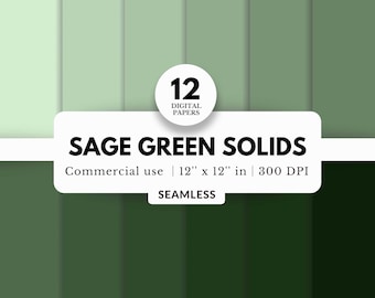 12 Sage Green Digital Papers Bundle, Seamless, 12x12, Green Solid Color, Light and Dark Green Shades, Basic Plain Sheets, Earth Tones