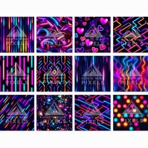 Neon Rave Pattern 12 Neon Glow Digital Papers, Seamless Pattern, 12x12, JPG Files, Bright ...